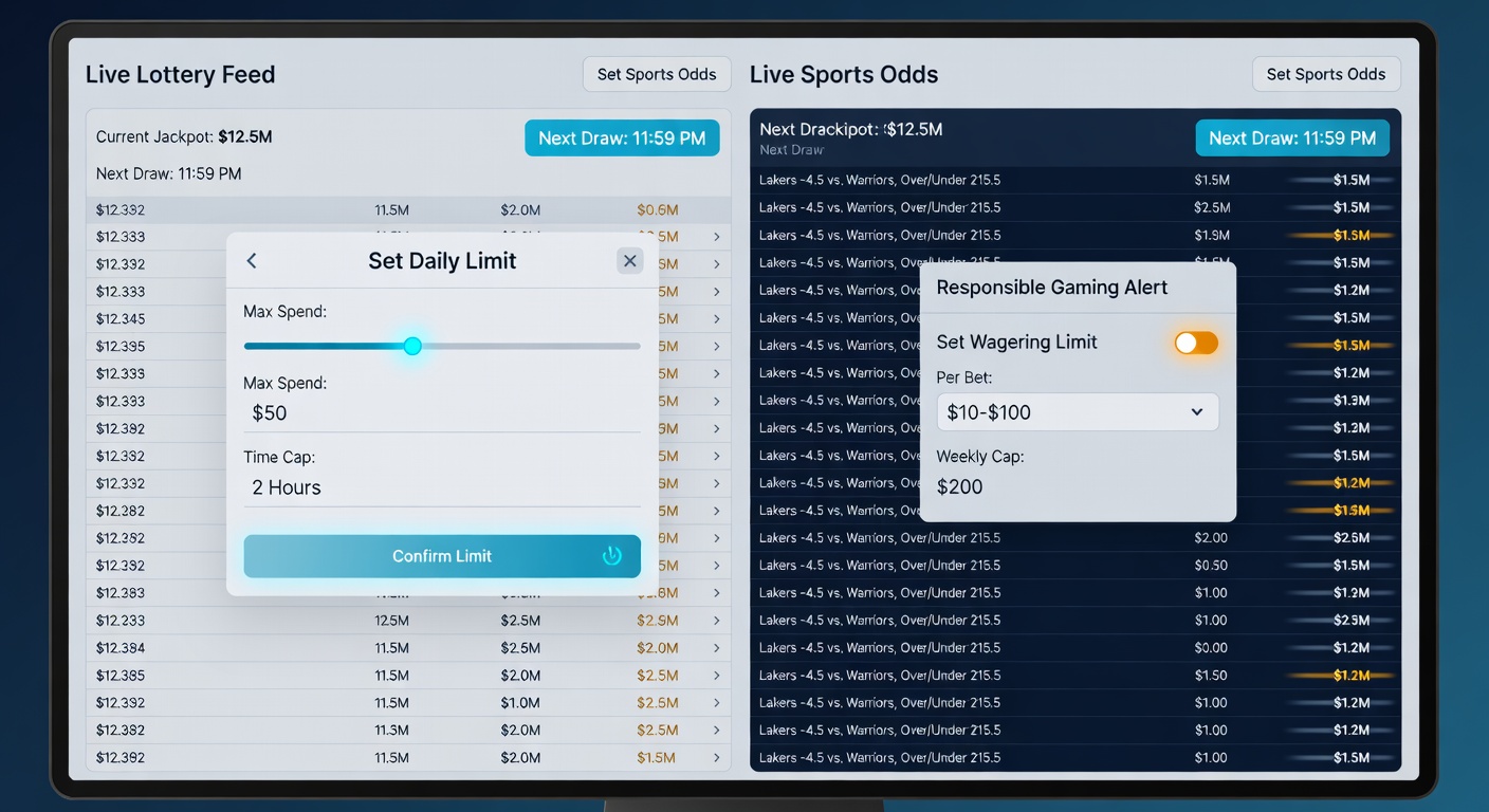 Digitale Oberfläche zeigt Live-Quoten mit eingebetteten Limit-Tools für Sportwetten und Lotterien