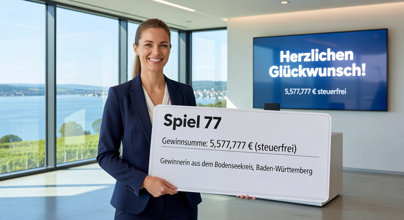 Bodensee-Landschaft mit Lotto-Symbolik, die den regionalen Gewinn aus dem Bodenseekreis hervorhebt
