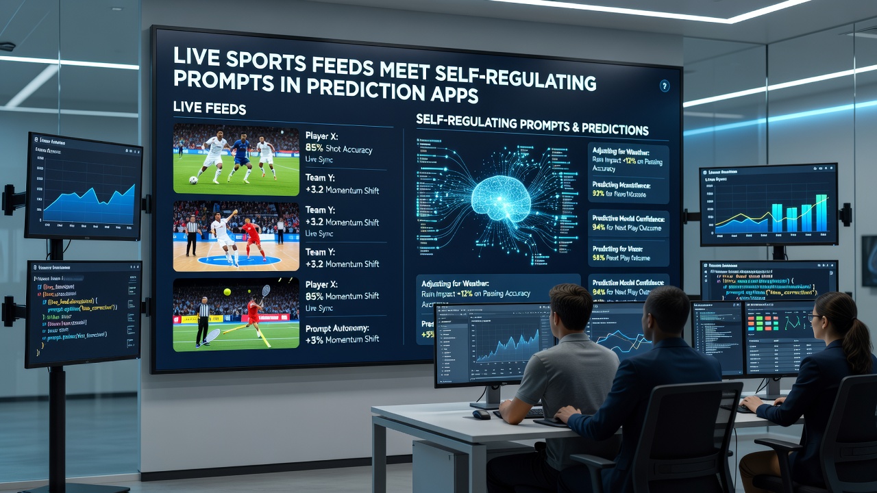 Benutzeroberfläche einer Prognose-App mit Live-Feed und selbstregulierendem Prompt während eines Fußballspiels