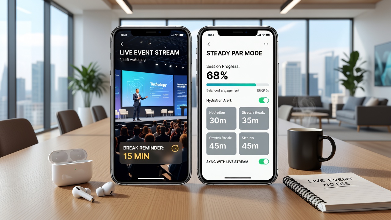 Nutzeroberfläche einer App mit Live-Stream und integrierter Pausen-Erinnerung während eines Ereignisses