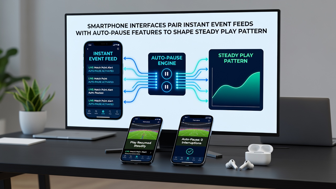 Detailansicht einer mobilen App mit Event-Feed und automatischer Pause