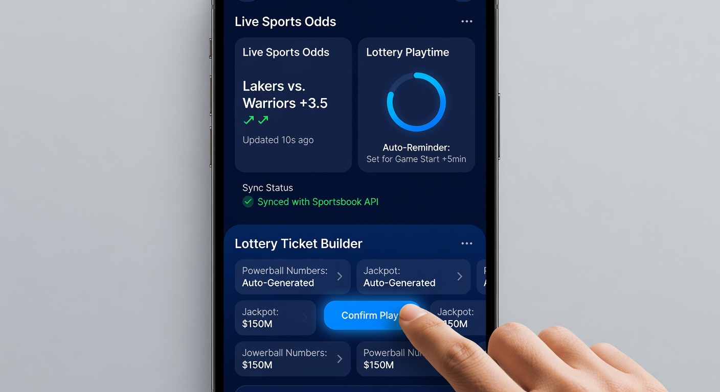 Detailansicht einer Lotterie-App mit synchronisierten Quoten und Erinnerungs-Overlay